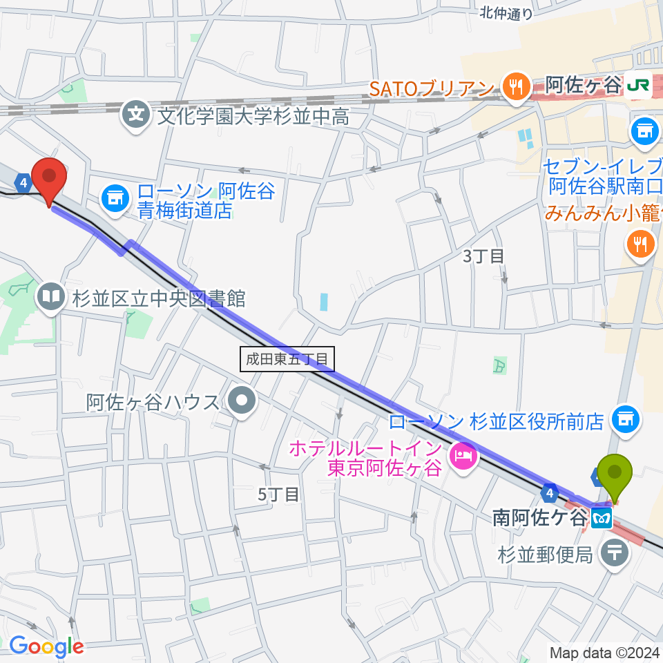 南阿佐ケ谷駅から荻窪小劇場へのルートマップ地図