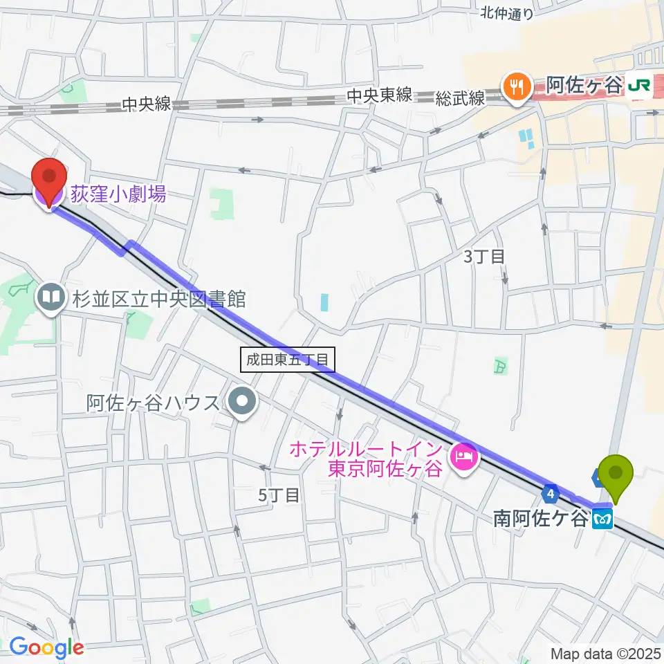 南阿佐ケ谷駅から荻窪小劇場へのルートマップ地図