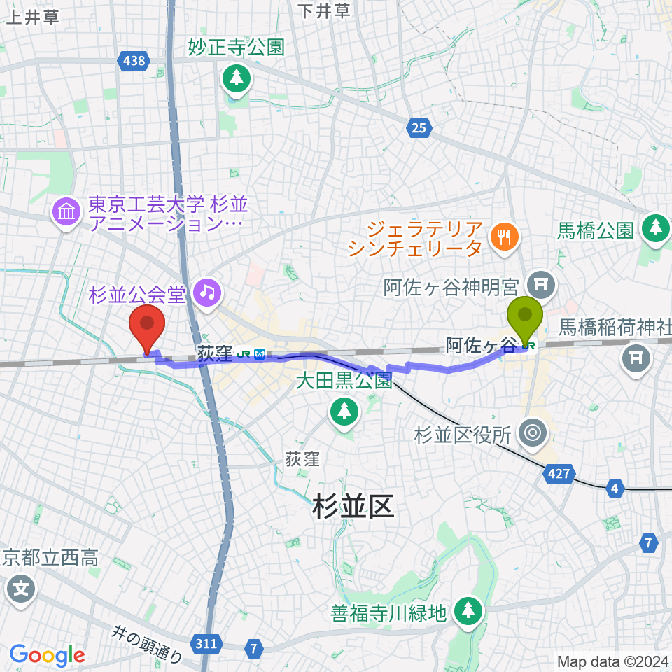 阿佐ケ谷駅からオメガ東京へのルートマップ地図