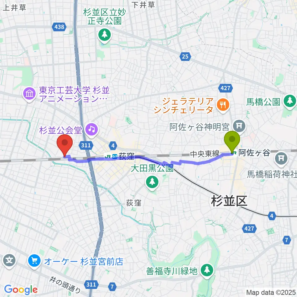 阿佐ケ谷駅からオメガ東京へのルートマップ地図