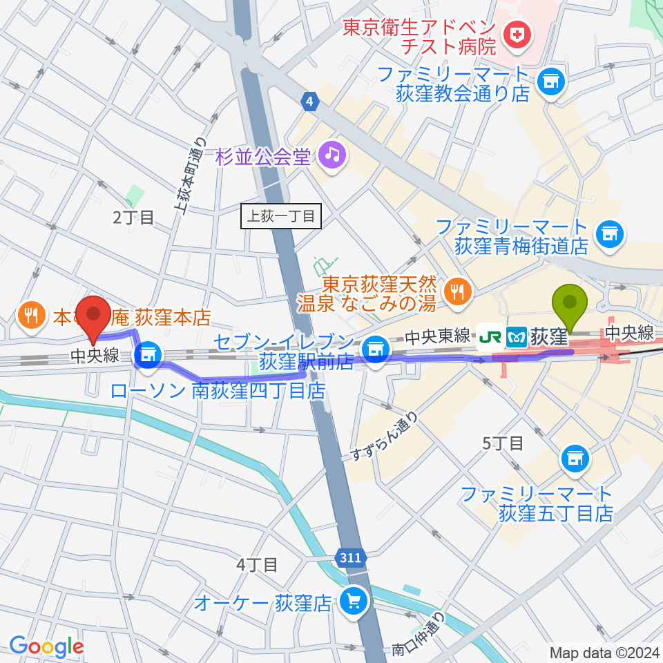 オメガ東京の最寄駅荻窪駅からの徒歩ルート（約11分）地図