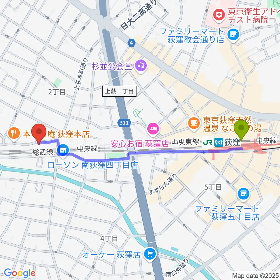 オメガ東京の最寄駅荻窪駅からの徒歩ルート（約11分）地図