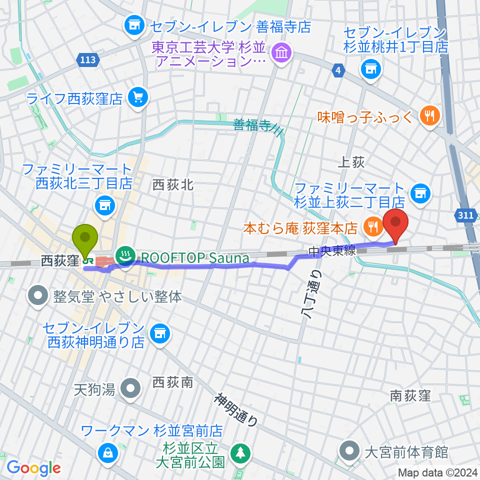 西荻窪駅からオメガ東京へのルートマップ地図