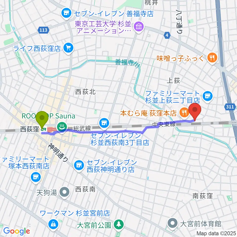西荻窪駅からオメガ東京へのルートマップ地図