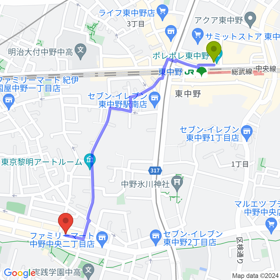 東中野駅から中野坂上RAFTへのルートマップ地図
