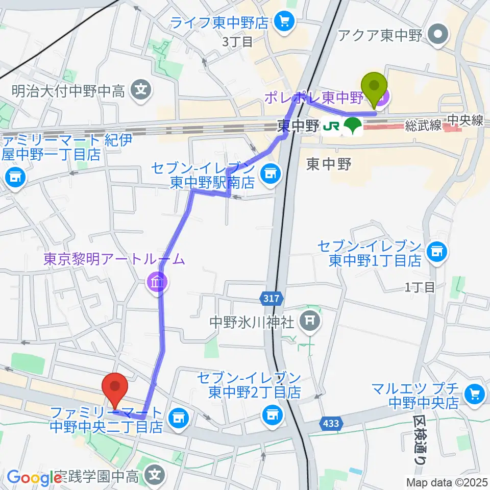 東中野駅から中野坂上RAFTへのルートマップ地図