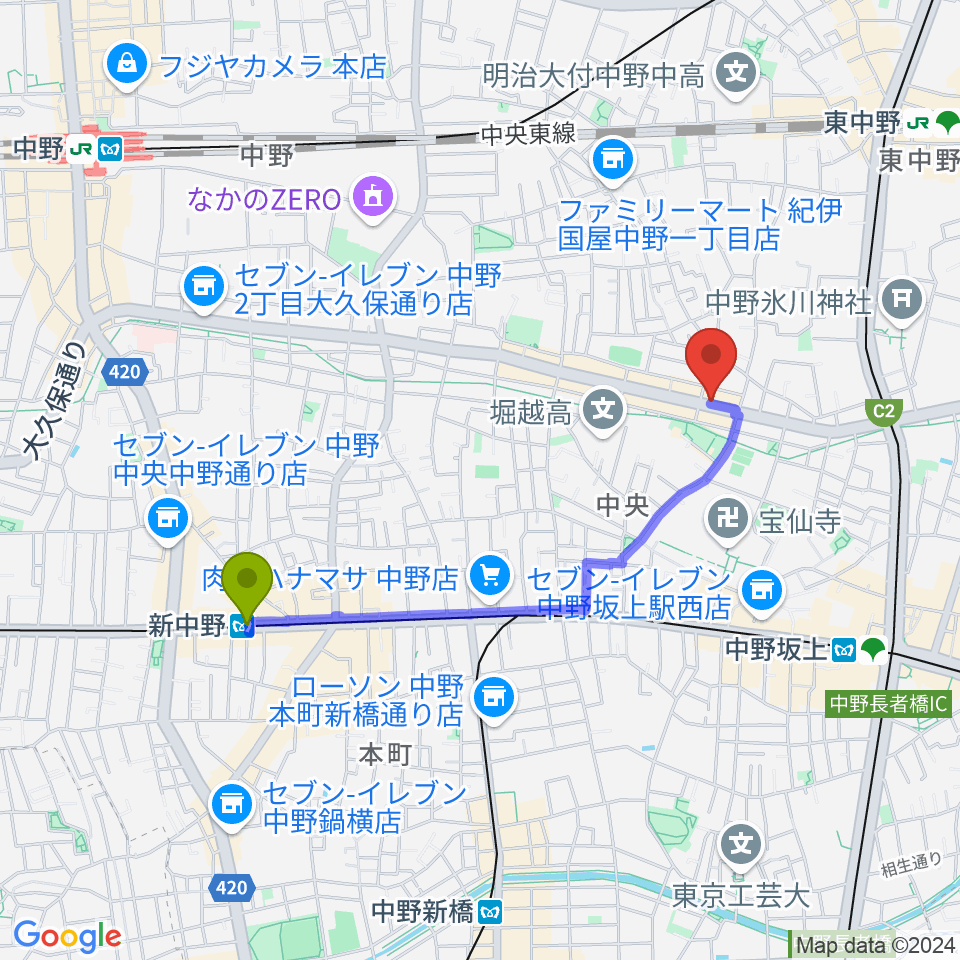 新中野駅から中野坂上RAFTへのルートマップ地図