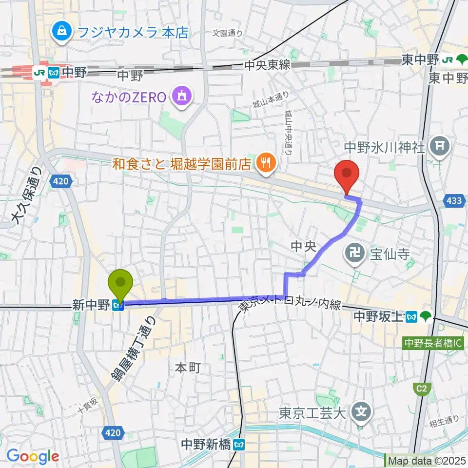 新中野駅から中野坂上RAFTへのルートマップ地図