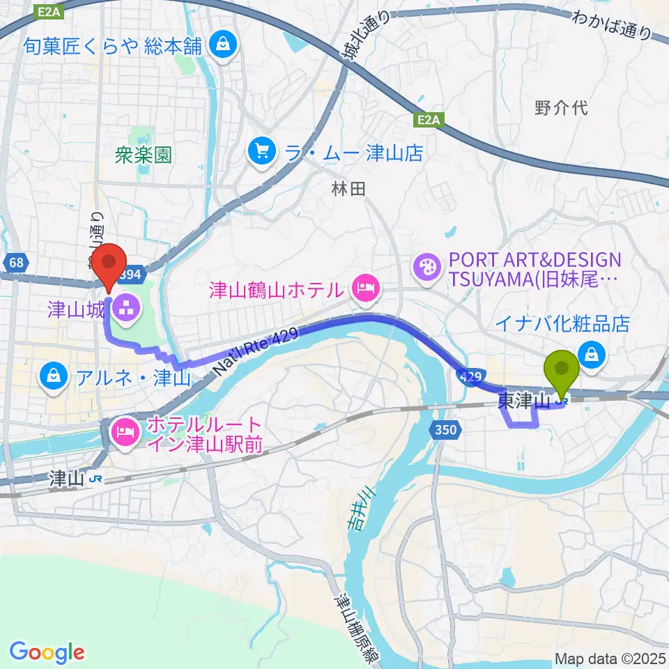 東津山駅から津山文化センターへのルートマップ地図