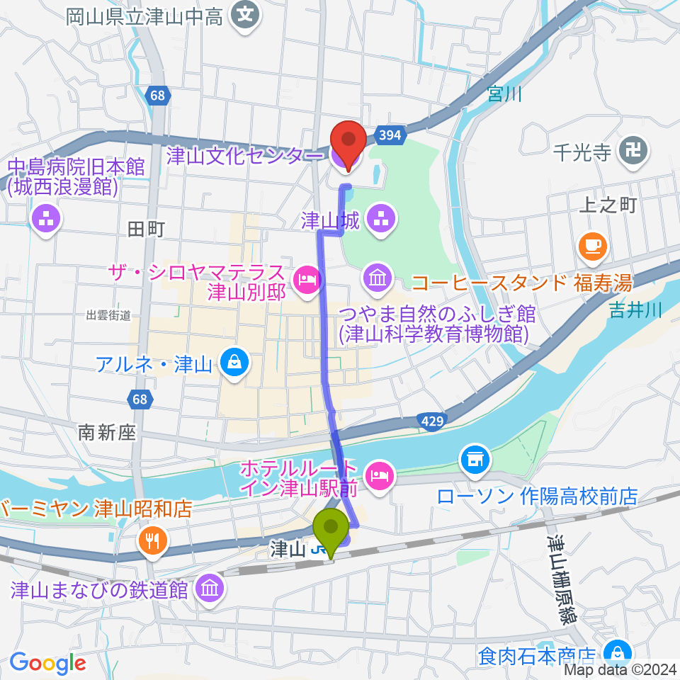 津山文化センターの最寄駅津山駅からの徒歩ルート（約18分）地図