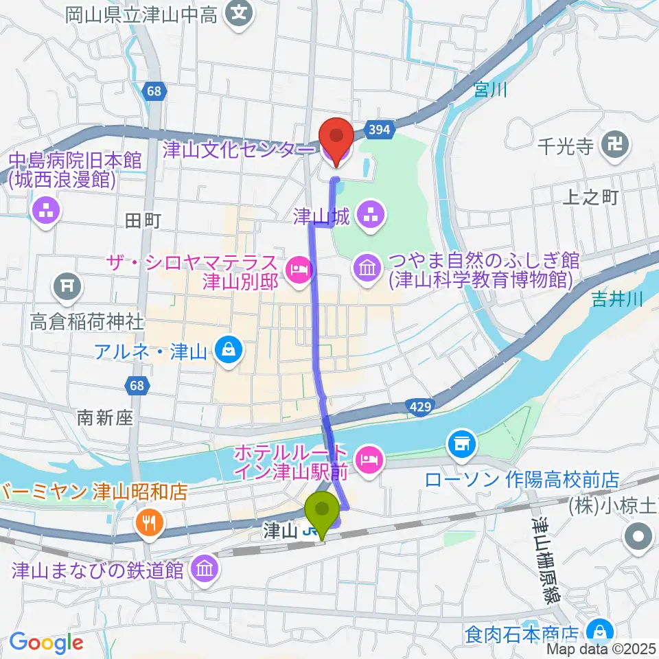 津山文化センターの最寄駅津山駅からの徒歩ルート（約18分）地図