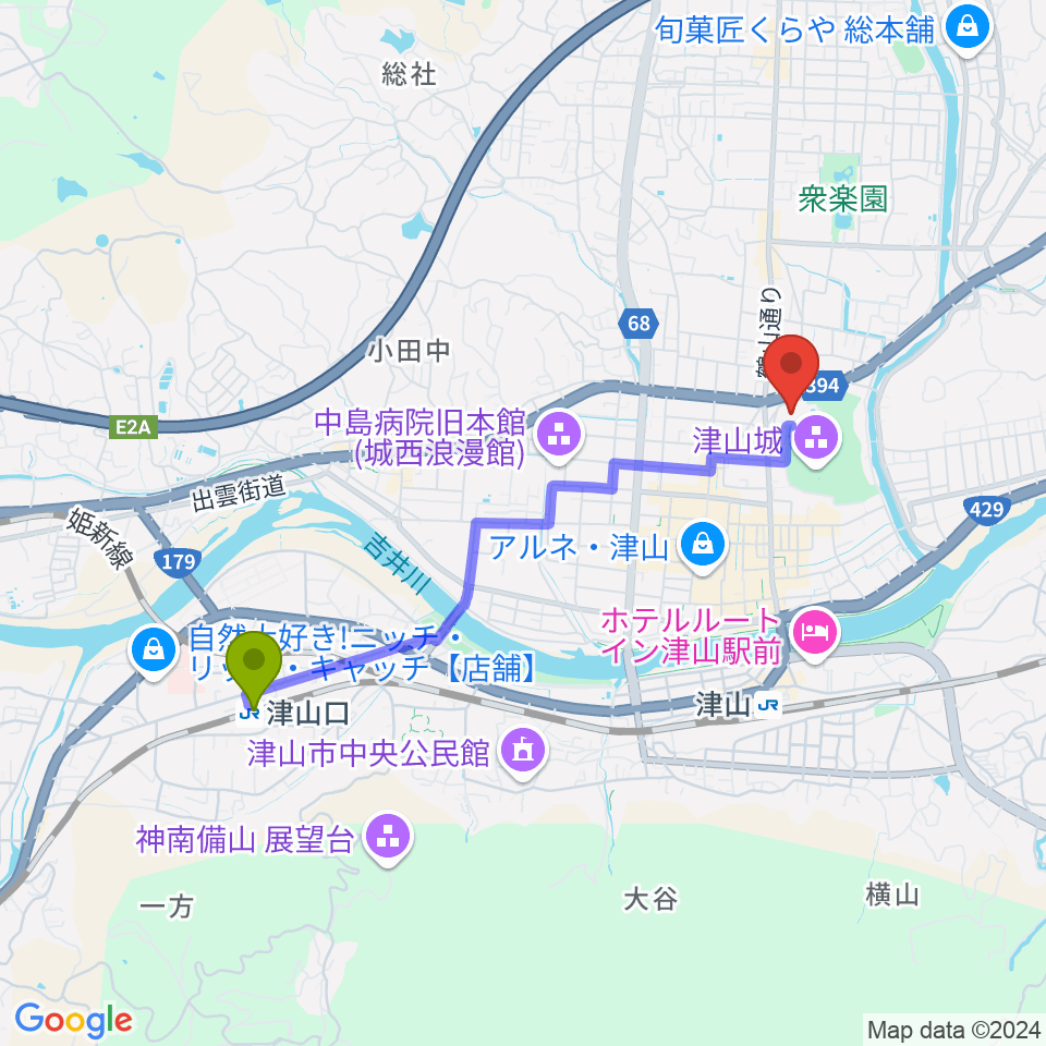 津山口駅から津山文化センターへのルートマップ地図