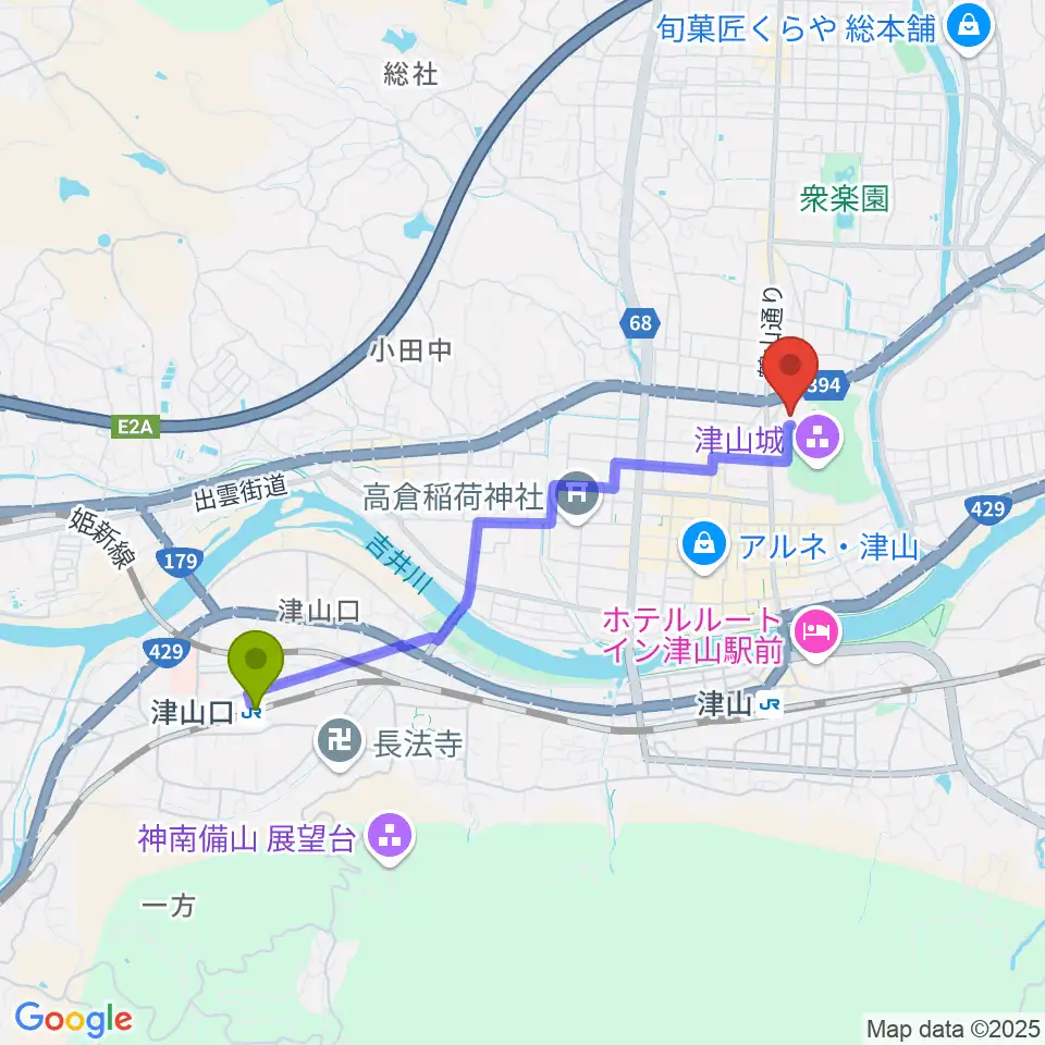 津山口駅から津山文化センターへのルートマップ地図