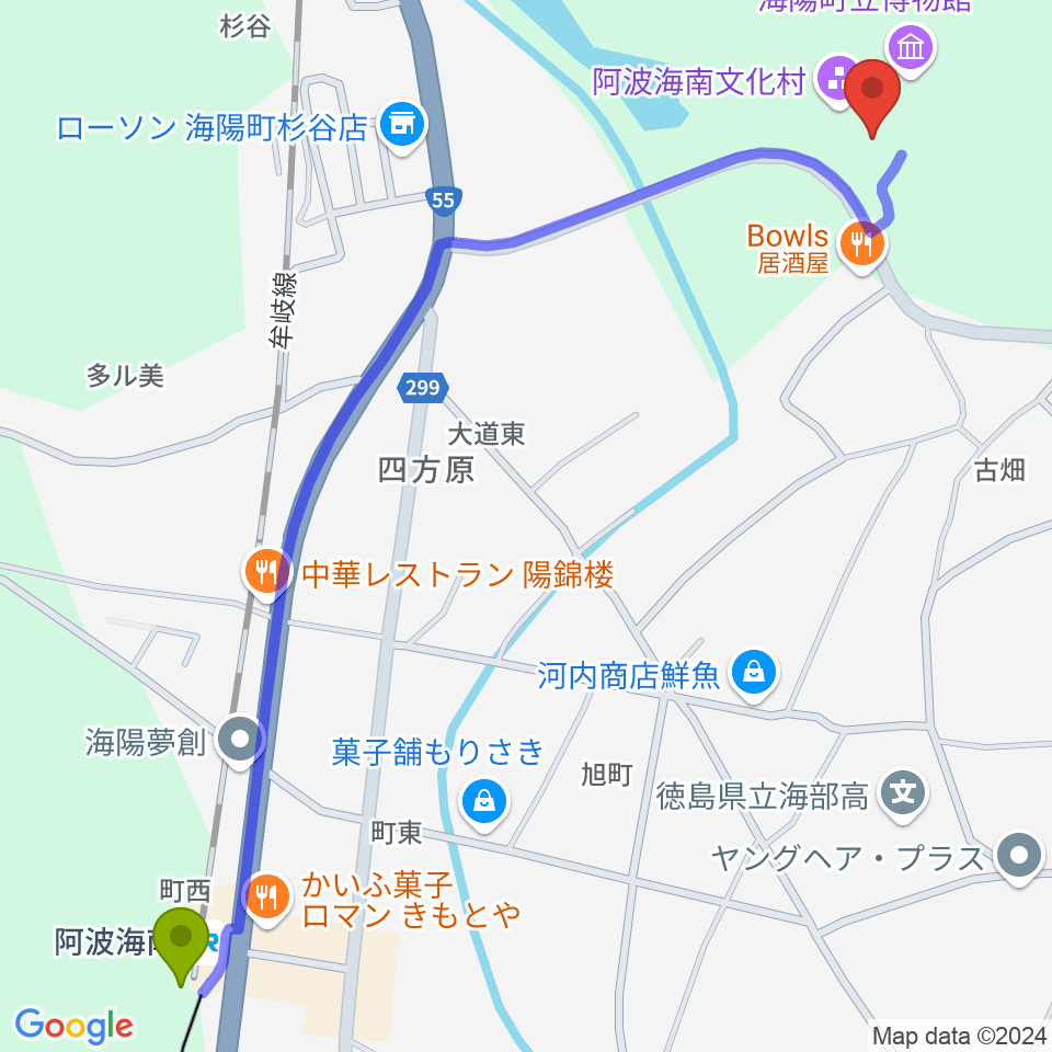 阿波海南文化村の最寄駅阿波海南駅からの徒歩ルート（約17分）地図