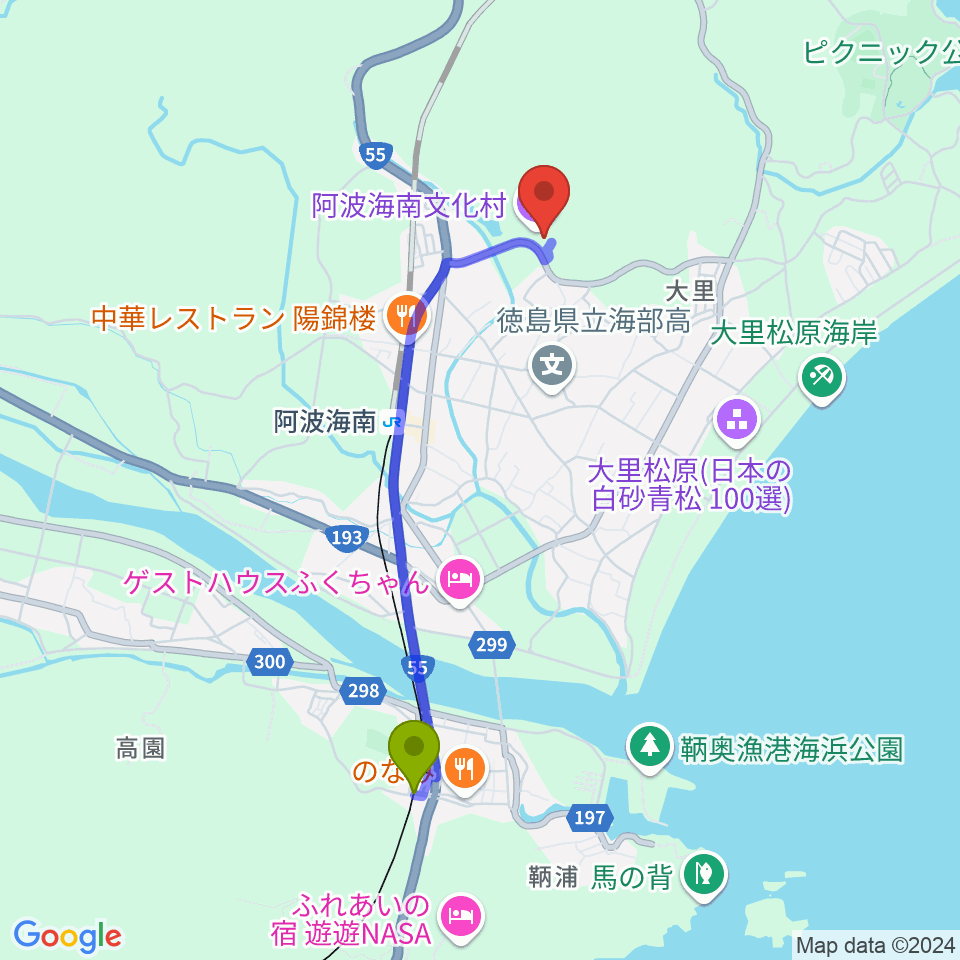 海部駅から阿波海南文化村へのルートマップ地図