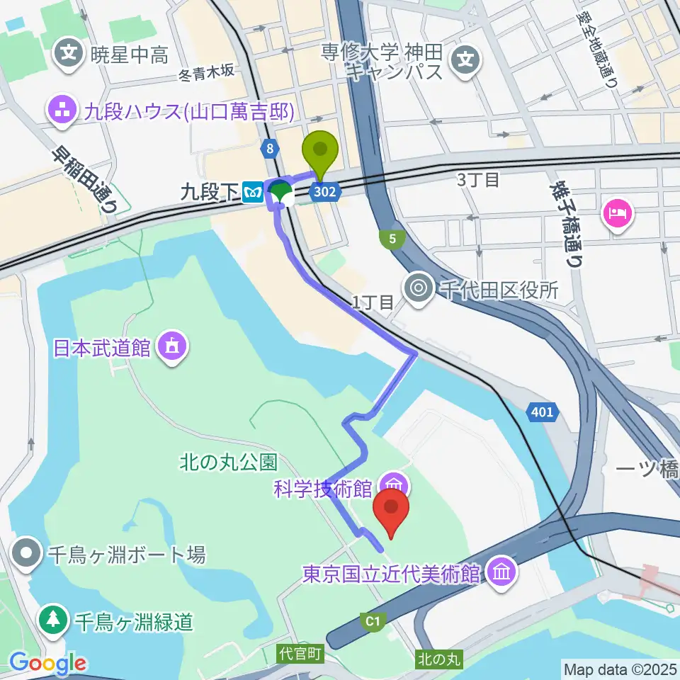 九段下駅から科学技術館へのルートマップ地図