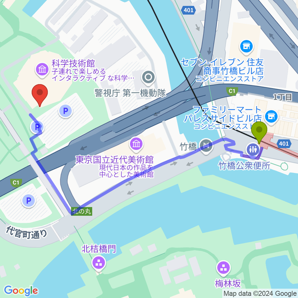 科学技術館の最寄駅竹橋駅からの徒歩ルート（約6分）地図