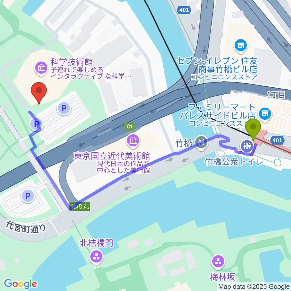 科学技術館の最寄駅竹橋駅からの徒歩ルート（約6分）地図