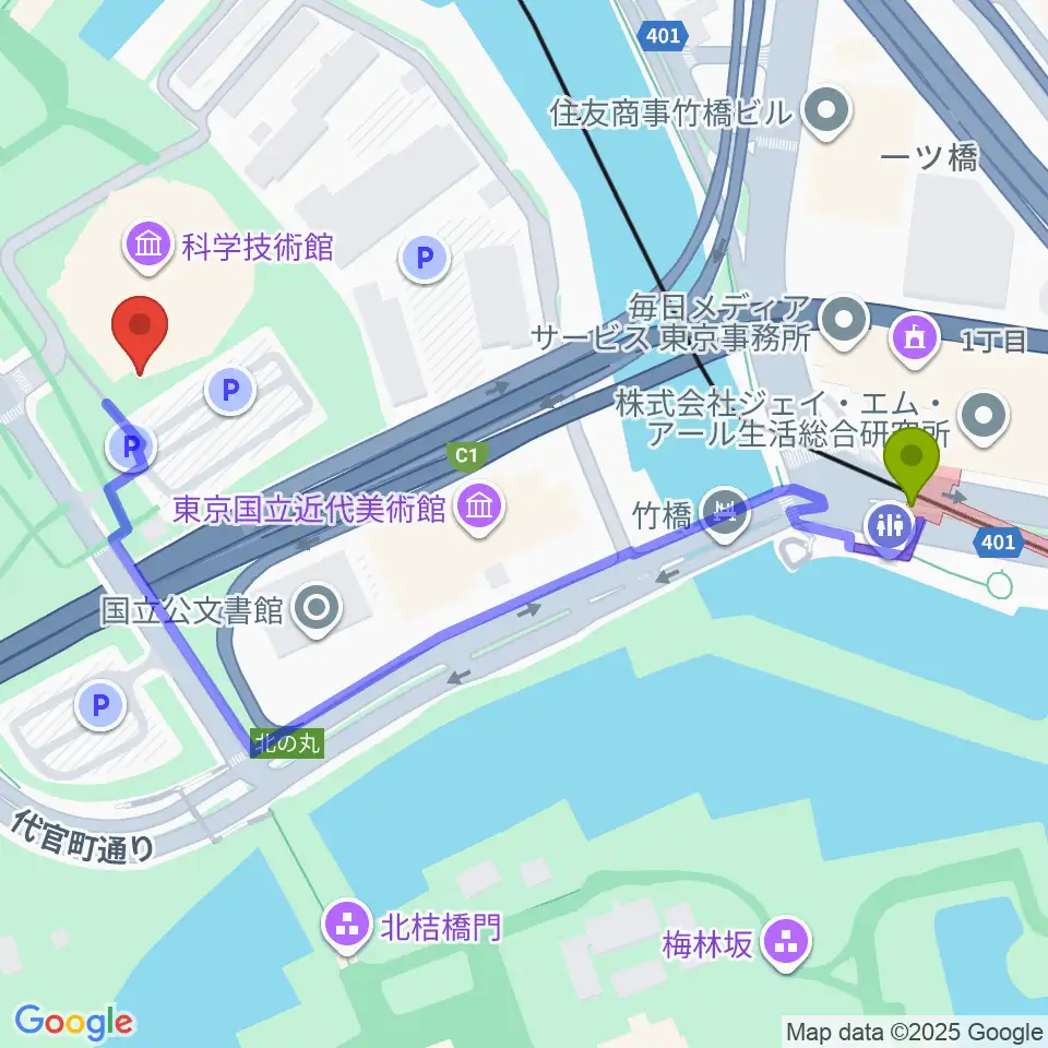 科学技術館の最寄駅竹橋駅からの徒歩ルート（約6分）地図