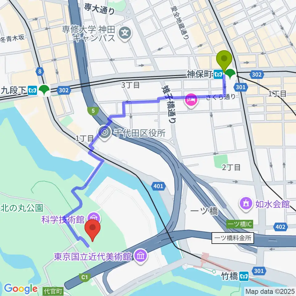 神保町駅から科学技術館へのルートマップ地図