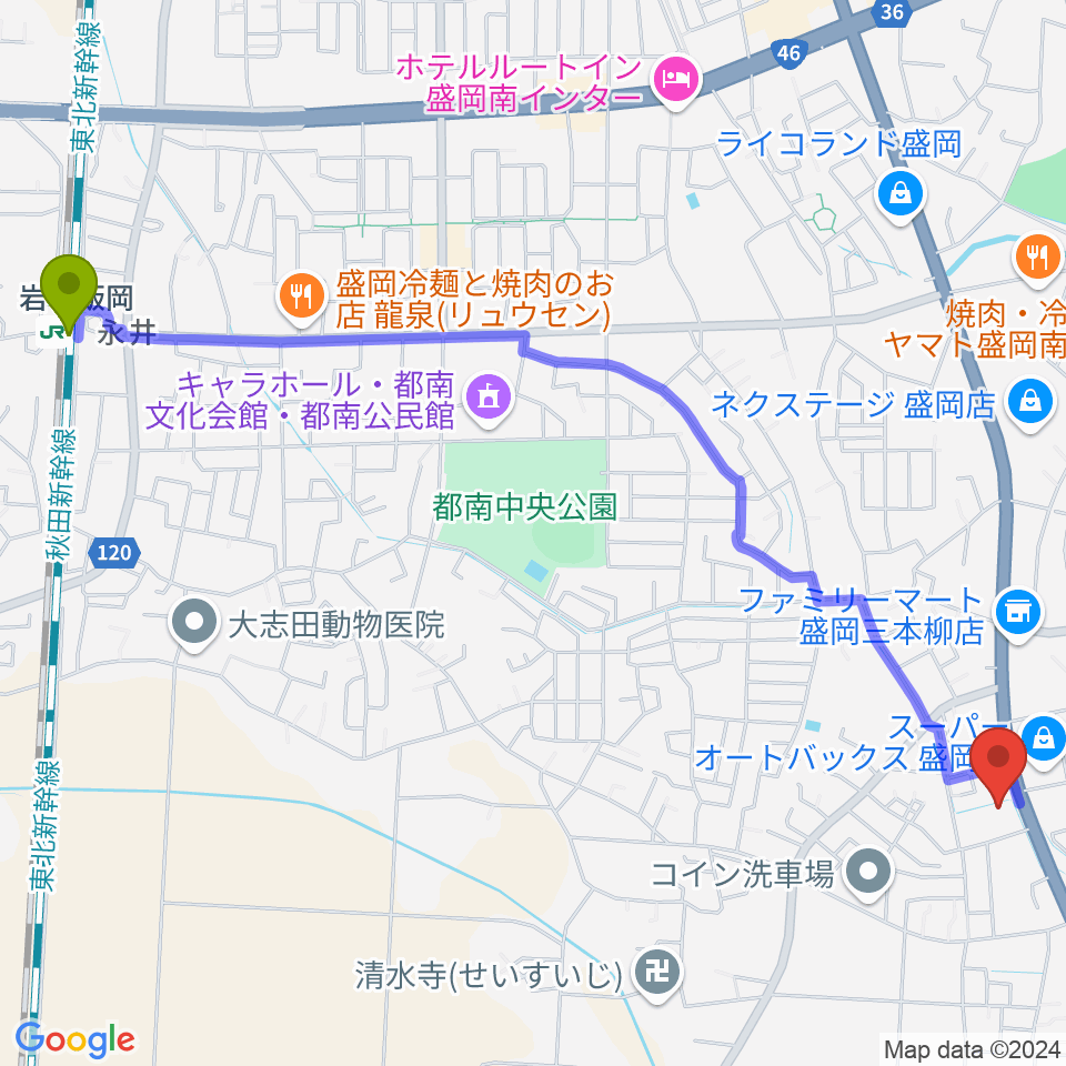 盛岡ノンクトンクの最寄駅岩手飯岡駅からの徒歩ルート（約29分）地図