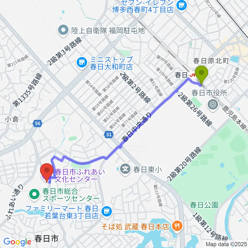春日市ふれあい文化センターの最寄駅春日駅からの徒歩ルート（約24分）地図