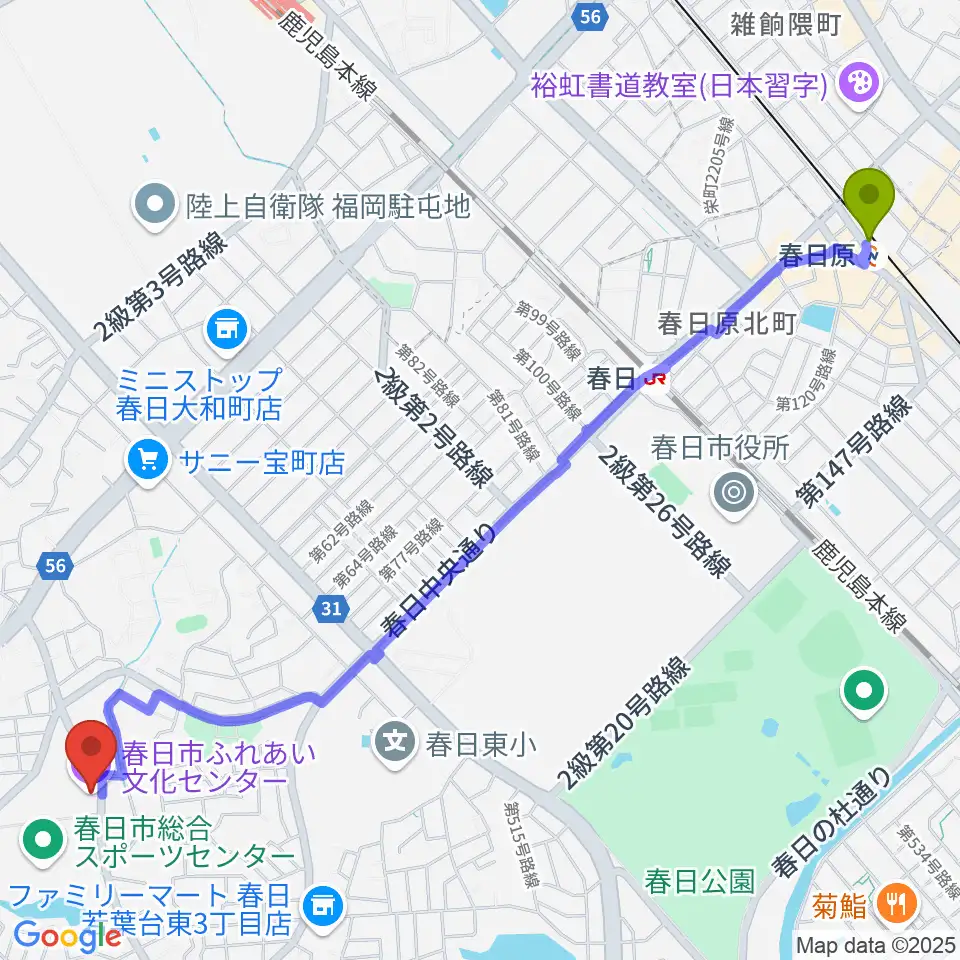 春日原駅から春日市ふれあい文化センターへのルートマップ地図