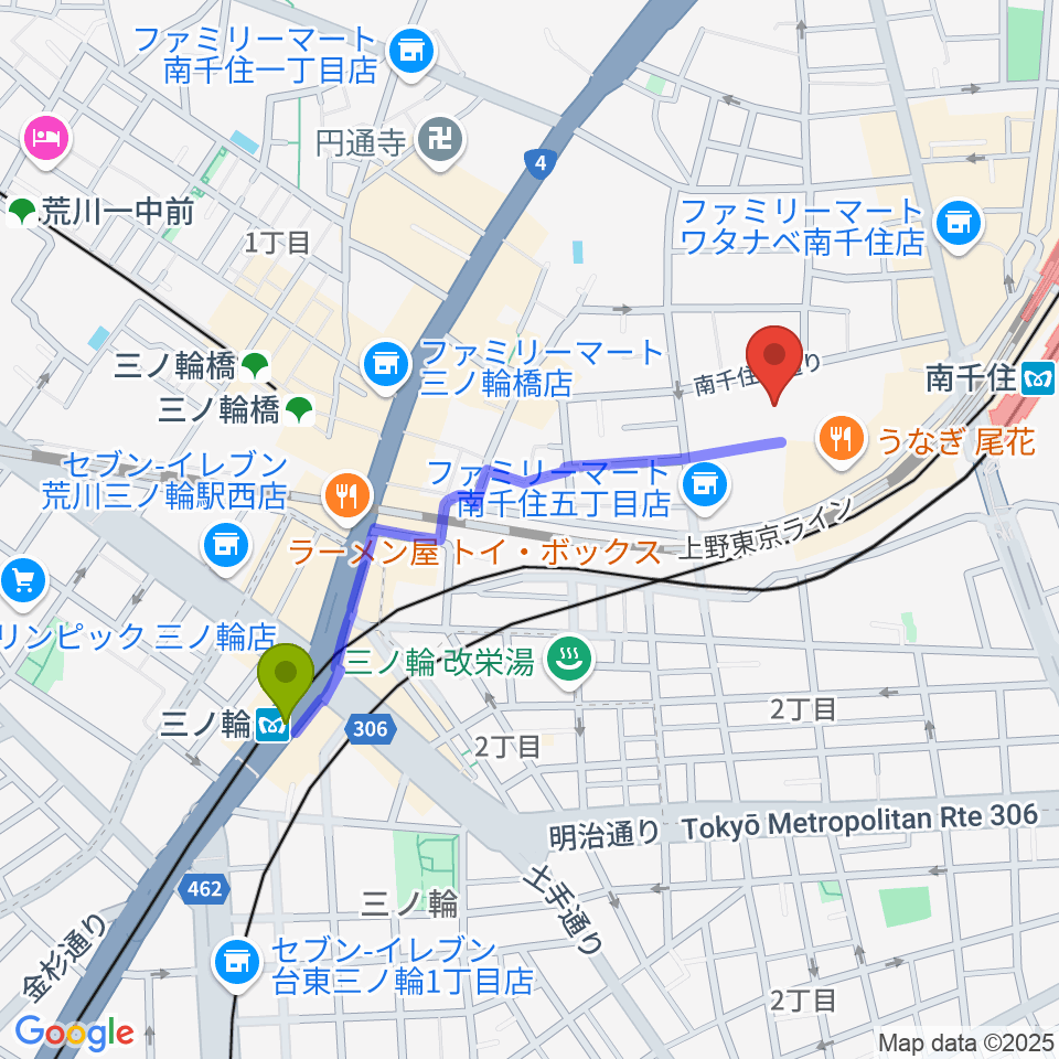 三ノ輪駅から小笠原ギター教室へのルートマップ地図