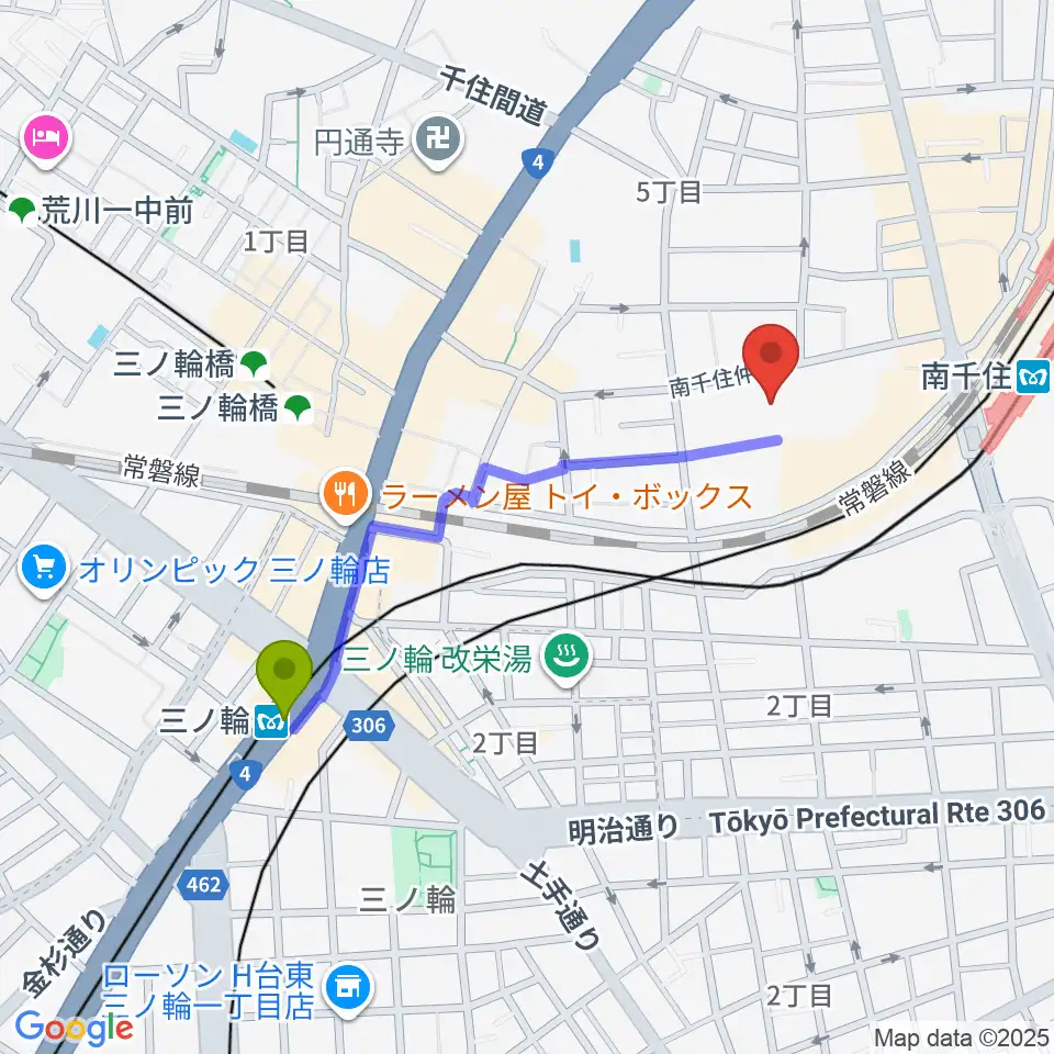 三ノ輪駅から小笠原ギター教室へのルートマップ地図