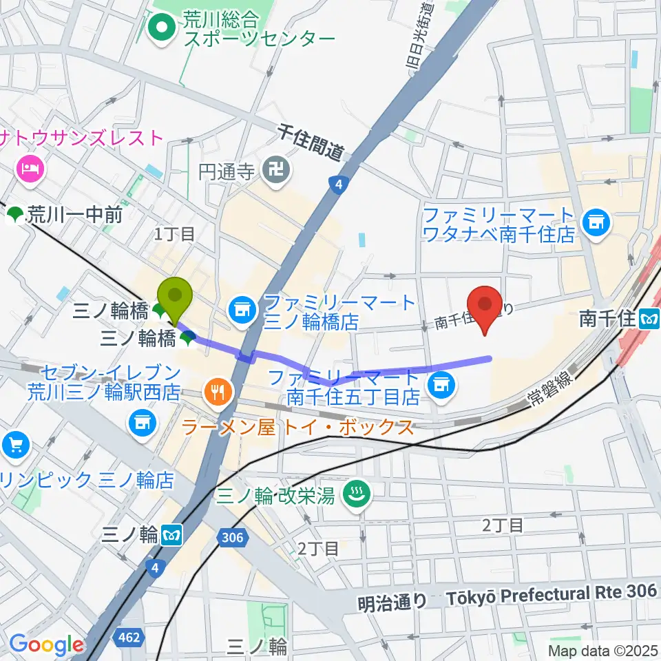 三ノ輪橋駅から小笠原ギター教室へのルートマップ地図