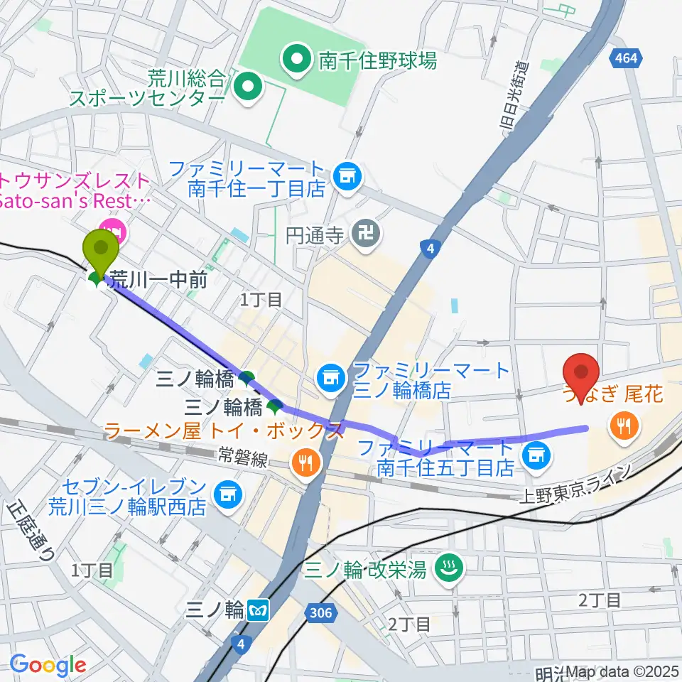 荒川一中前駅から小笠原ギター教室へのルートマップ地図
