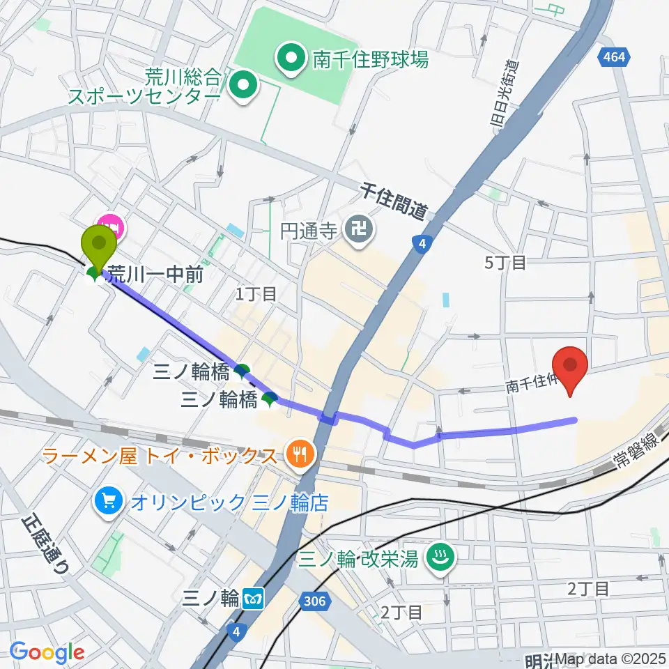 荒川一中前駅から小笠原ギター教室へのルートマップ地図