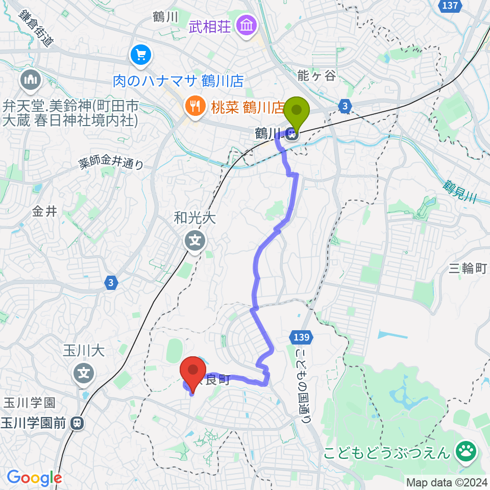 鶴川駅から奈良の森ヴァイオリン教室へのルートマップ地図