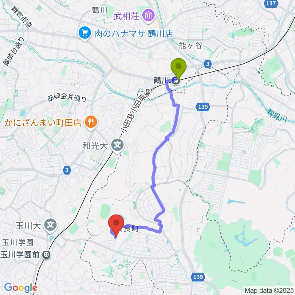 鶴川駅から奈良の森ヴァイオリン教室へのルートマップ地図