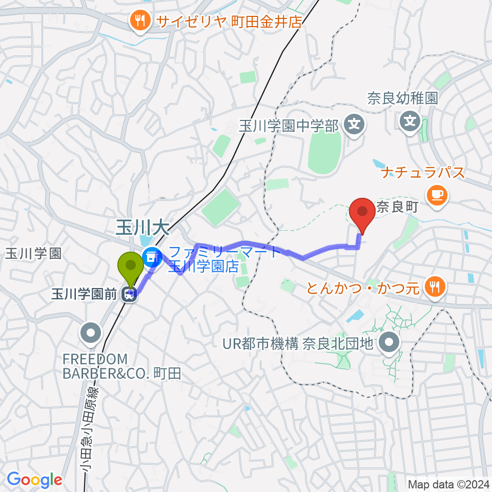 奈良の森ヴァイオリン教室の最寄駅玉川学園前駅からの徒歩ルート（約15分）地図