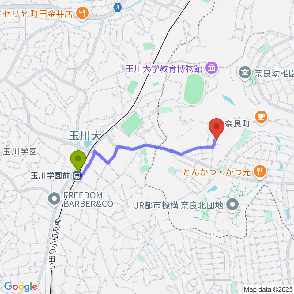 奈良の森ヴァイオリン教室の最寄駅玉川学園前駅からの徒歩ルート（約15分）地図