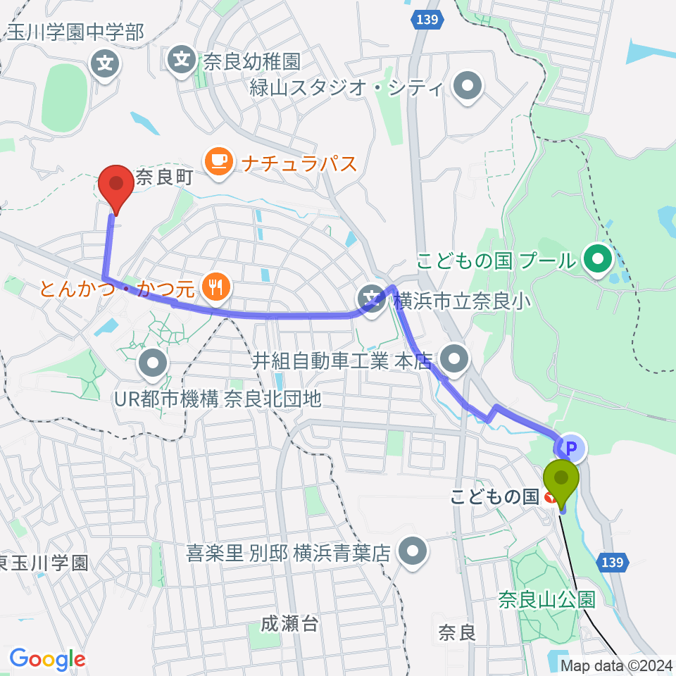 こどもの国駅から奈良の森ヴァイオリン教室へのルートマップ地図