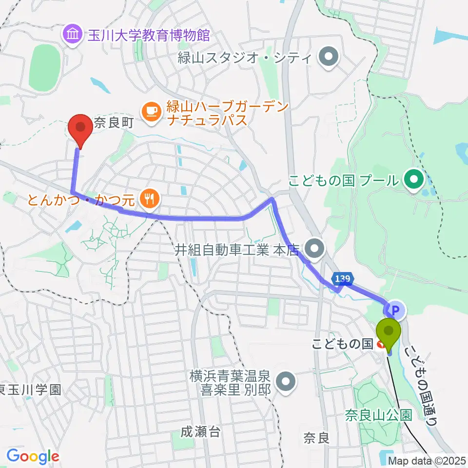 こどもの国駅から奈良の森ヴァイオリン教室へのルートマップ地図