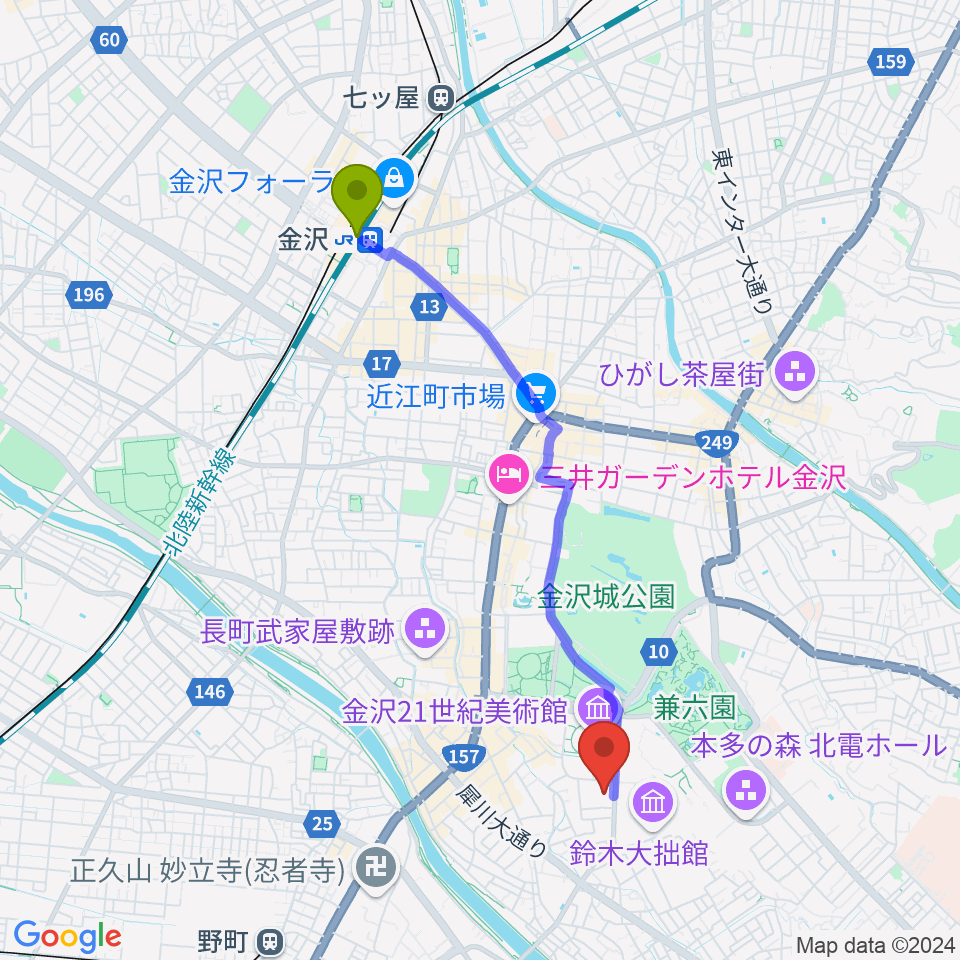 金沢駅から金沢歌劇座へのルートマップ地図