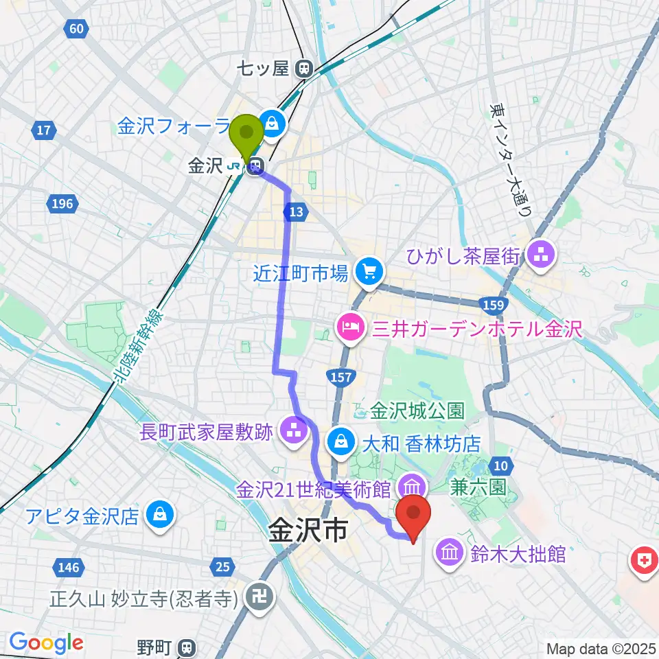 金沢駅から金沢歌劇座へのルートマップ地図