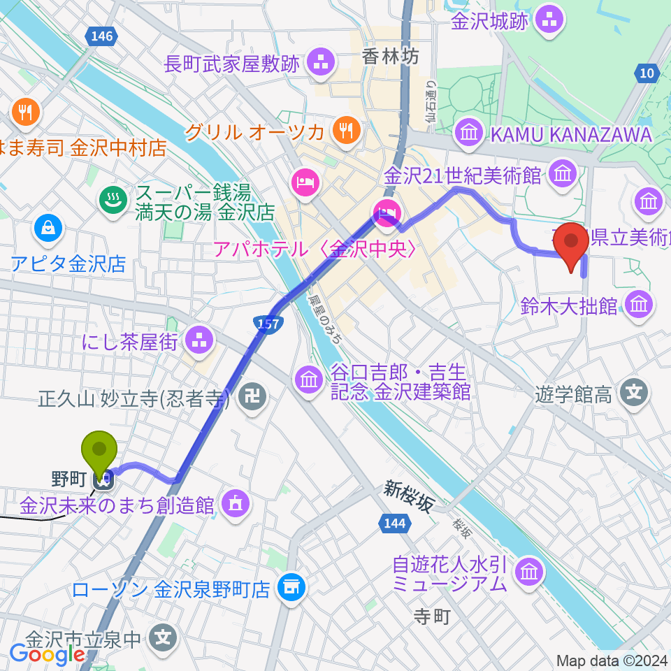 金沢歌劇座の最寄駅野町駅からの徒歩ルート（約24分）地図