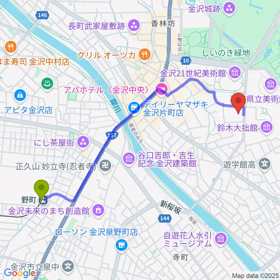 金沢歌劇座の最寄駅野町駅からの徒歩ルート（約24分）地図