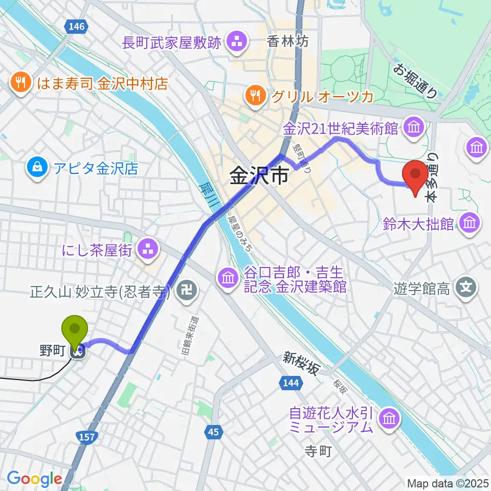 金沢歌劇座の最寄駅野町駅からの徒歩ルート（約23分）地図