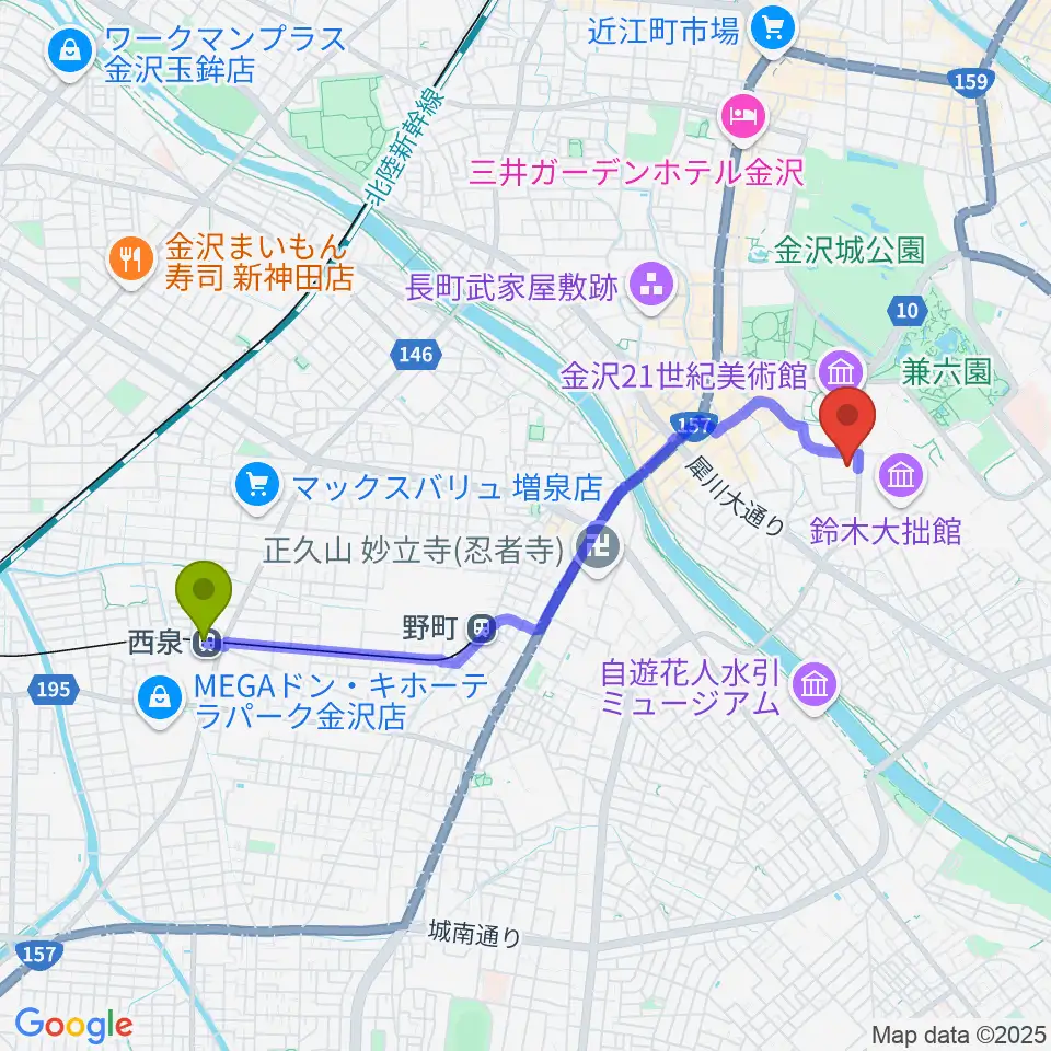 西泉駅から金沢歌劇座へのルートマップ地図