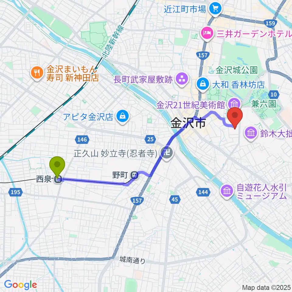 西泉駅から金沢歌劇座へのルートマップ地図