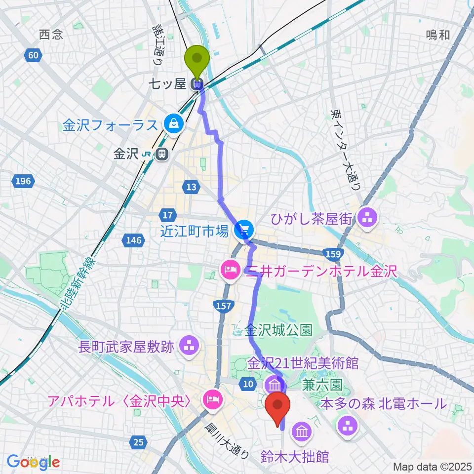 七ツ屋駅から金沢歌劇座へのルートマップ地図