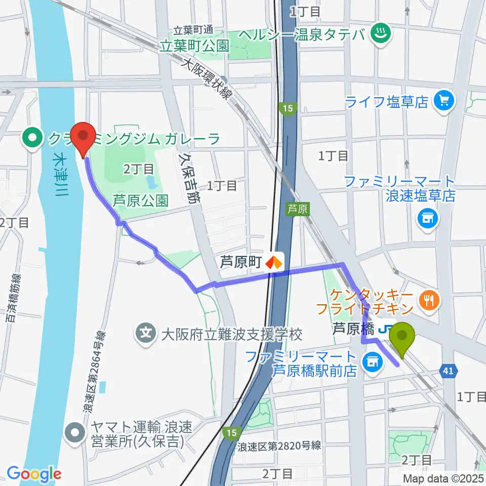 芦原橋駅からKARAKURIスタジオへのルートマップ地図