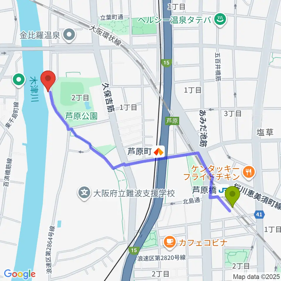 芦原橋駅からKARAKURIスタジオへのルートマップ地図