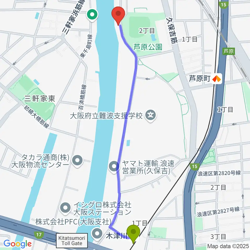 木津川駅からKARAKURIスタジオへのルートマップ地図
