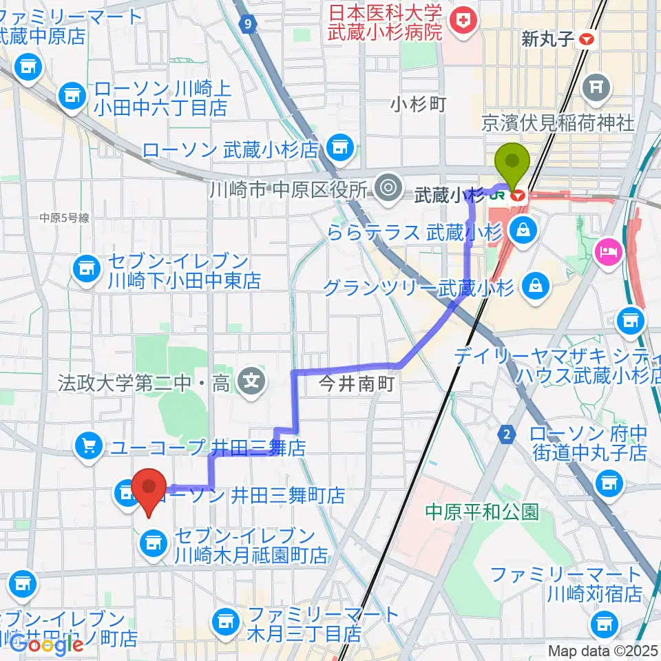 武蔵小杉駅から川崎市国際交流センターへのルートマップ地図